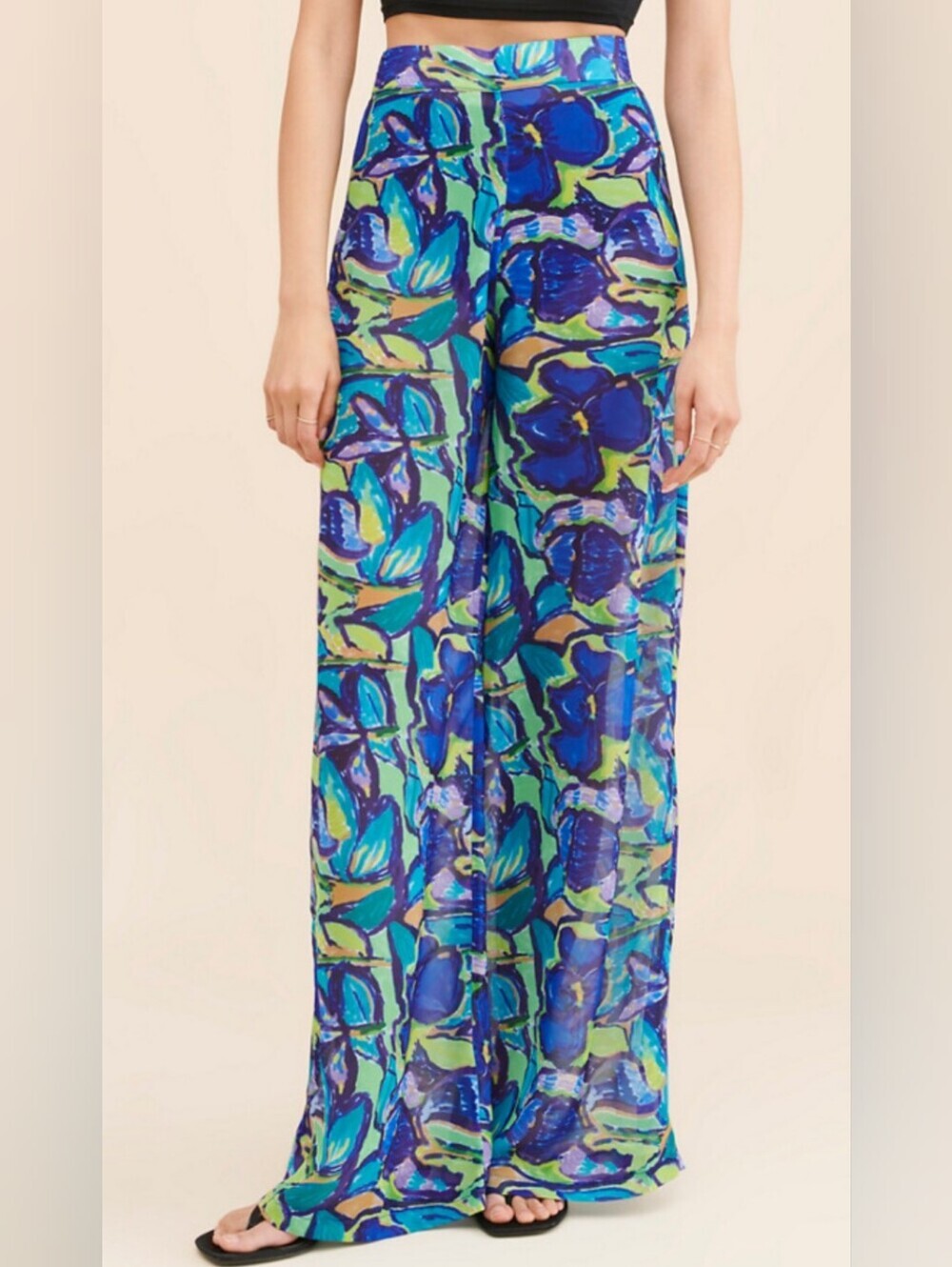 Vibrant Blue Green SHEER Wide Leg Wildbloom Trousers By Rendoll EUC Nearly New!